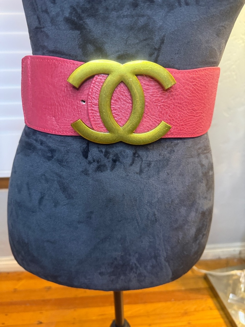Pink Leather Wide Belt with Gold Interlocking Buckle
